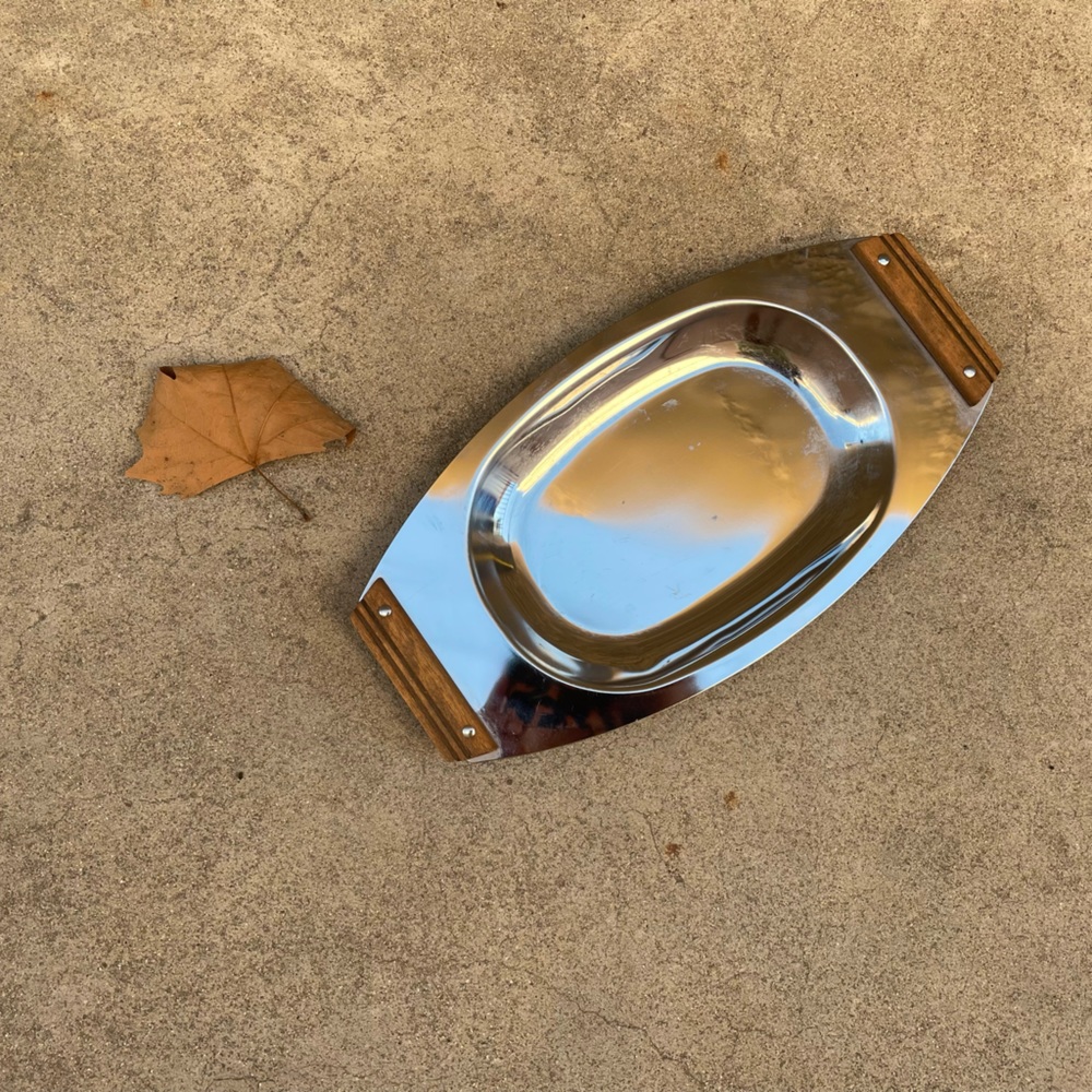 Vintage. 1950’s Silver Oblong Serving Tray, Wood Ends